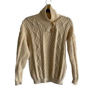 HAND KNIT Wool Chunky Knit Shawl Collar Long Sleeve Sweater Wood Buttons Cream M